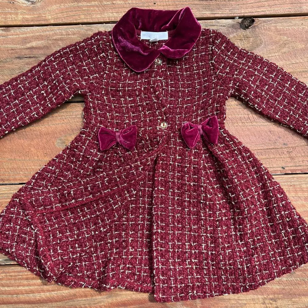 Toddler Princess Dress Coat 24M Burgundy Tweed Velvet Bow Holiday Winter Coat